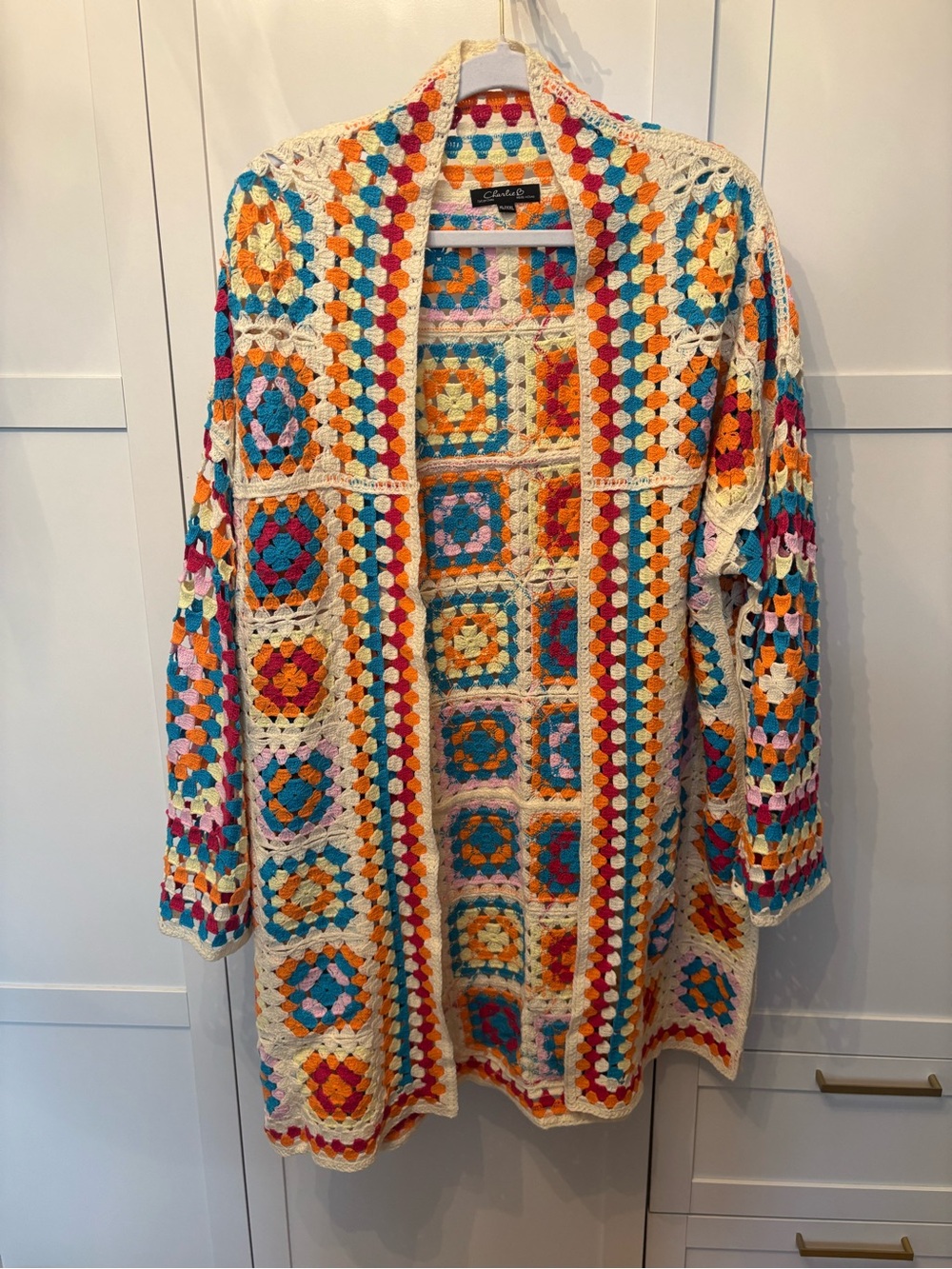 CHARLIE B Crochet Open-Front Cardigan in Cream with Multicolor Accents